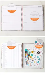 Details of 2023 English planner showing holiday lists, daily logs, and colorful stickers.
