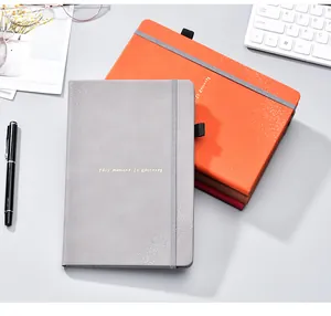 Detail view of premium PU leather notebooks with elastic closure and business pen
