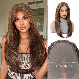 Close-up of 13x6 HD lace front wig interior detail and brown long layered hairstyle