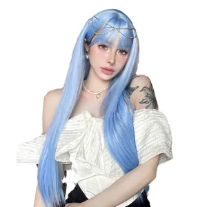 Parrucca cosplay lunga liscia azzurro chiaro con frangetta per stile anime Lolita