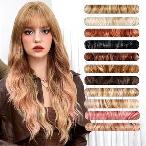 Lange Golvende Synthetische Pruik Met Air Bangs Ombre Roze Goudbruin Hittebestendige Vezel Volledige Styling Voor Dames Natuurlijk Haar