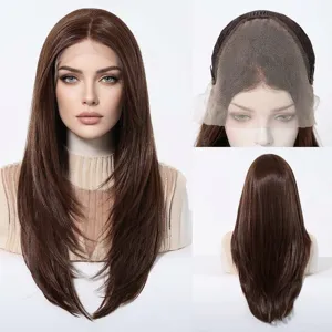 Detailed view of dark brown 13x6 HD lace front long straight wig with cap structure