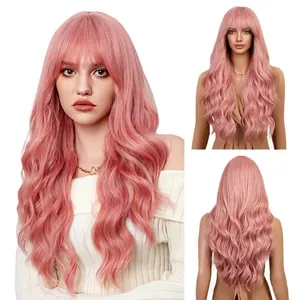 Lange golvende roze pruik met luchtpony, pluizig anime-stijl synthetisch haar
