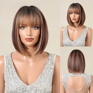 Detailed multi-angle views of a sleek brown bob wig with blonde highlights and bangs