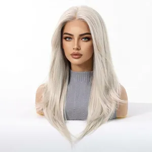 Detailed view of luxury platinum blonde long straight 13x6 HD lace front wig texture