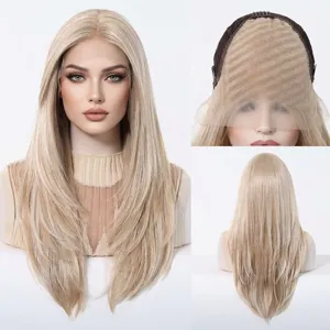 Detailed three-angle view of blonde 13x6 HD lace wig showing front, back, and cap mesh structure.