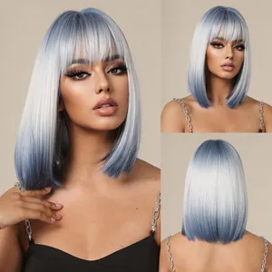 Vista multi-angolo di una parrucca bob sfumata blu e argento con frangia, lunga