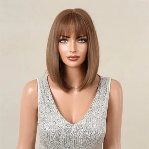 Detailed view of women's short straight brown wig with bangs on a professional mannequin