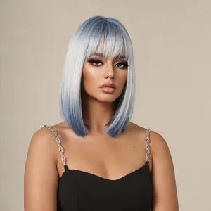 Parrucca a caschetto biondo argento e blu sfumato con frangetta, capelli naturali