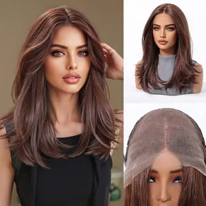 Detail of 13x6 HD lace area on long layered brown synthetic wig