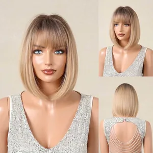 Detailed multi-angle views of a short blonde bob wig with bangs and straight styling