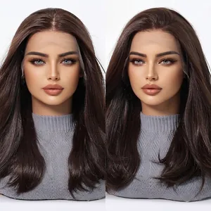 Close-up detail of dark brown long straight HD lace wig showing natural hairline