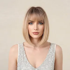 Close-up view of a straight blonde bob wig with bangs and dark roots on a mannequin