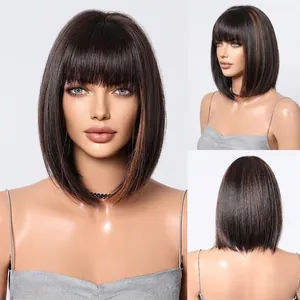 Detail views of brown bob wig with bangs showing front, side and back angles