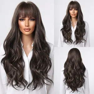 Professional long wavy brown wig with ash blonde highlights and natural bangs for women