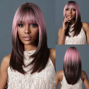Long straight pink to dark brown gradient wig with blunt bangs for women styling