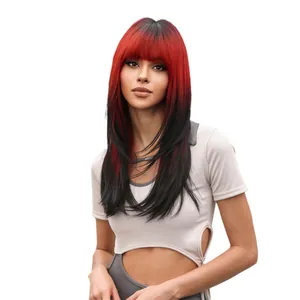 High quality long straight wig with bangs featuring a bold red and black gradient