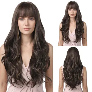 Fashionable long wavy dark brown synthetic wig with bangs and subtle highlights for women