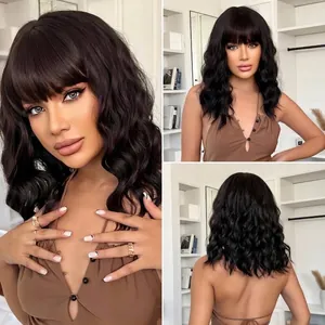 Black water wave bob wig with bangs, collarbone length natural wavy synthetic hair