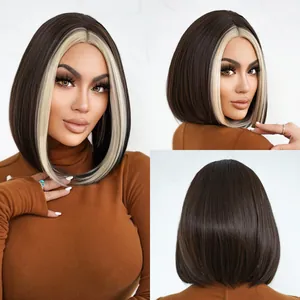 Detailansicht der braunen Bob-Perücke mit blonden Highlights aus verschiedenen Winkeln