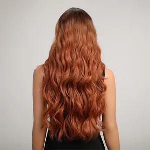 Detailed back view of long wavy ginger synthetic wig featuring natural dark roots style