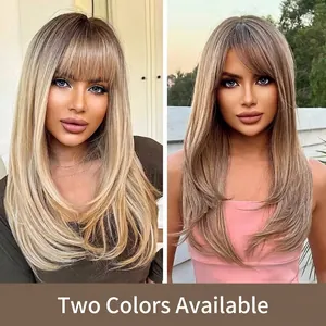Long Wavy Ombre Brown Wig With Bangs For Women Natural Heat Resistant Synthetic Fiber Curly Hair Replacement Wig For Daily Party Wear