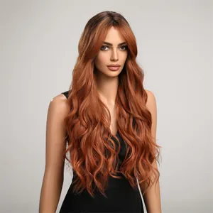 Long wavy copper ginger ombre synthetic wig with curtain bangs for fashion women