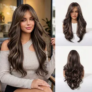 Detailed view showing wavy hair texture with grey ombre highlights and stylish bangs