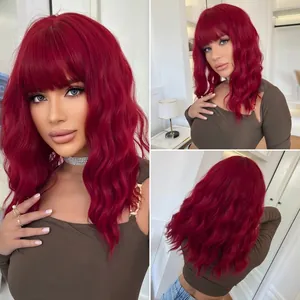 Vibrant red water wave wavy bob wig with bangs showing front, side and back views for women
