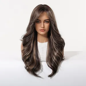 Detail view of long wavy black to grey ombre synthetic wig with curtain bangs.