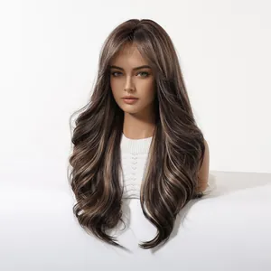 Macro view of long wavy synthetic wig with curtain bangs in grey gradient color