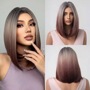 Schulterlange Damen-Bob-Perücke mit grau-braunem Ombré-Effekt aus Kunsthaar