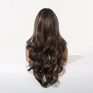 Detailed back view of long wavy brown hair wig featuring blonde highlights and large waves