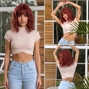 Multiview detail of a reddish-brown water wave Bob wig with bangs and natural texture