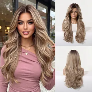 Collage showing front and back views of a long wavy ash blonde wig with bangs