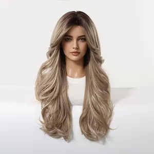 Detail view of long wavy blonde gradient wig with center-parted curtain bangs