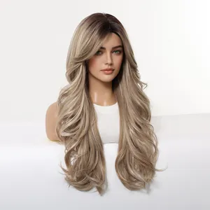 Close-up of long wavy ombre ash blonde wig with elegant curtain bangs on mannequin