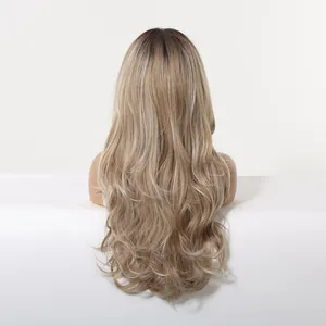 Back view of long wavy ombre blonde wig showing hair texture and length.