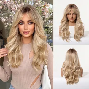 Detailed macro view showing the texture of long wavy blonde balayage wig with curtain bangs
