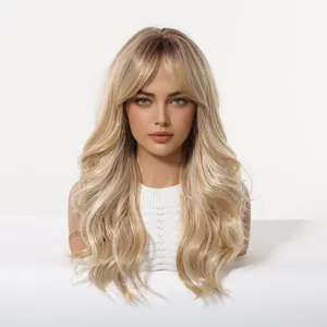 Detailed front view of long blonde ombre wavy wig with curtain bangs on model