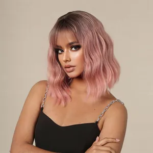 Detailed close-up of pink wavy bob wig showing natural texture and stylish fringe