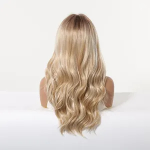 Detailed back view of a long ombre blonde wavy synthetic fiber wig for women hair