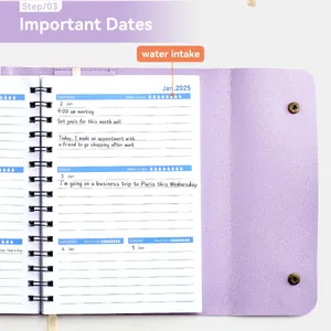 A5 lavender PU leather spiral planner featuring January 2025 daily schedule and water intake