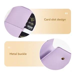 Detail view of A5 purple PU leather notebook with card slot and metal buckle closure