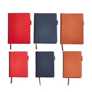 Vintage top grain cowhide leather notebook covers in red, navy blue, and tan finishes.