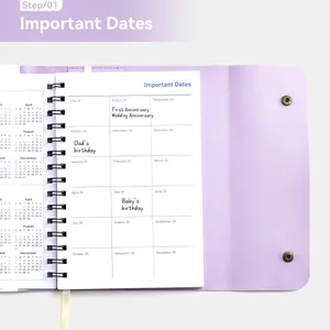 A5 18-month PU leather spiral planner notebook in purple showing Important Dates page