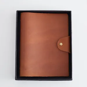 Vintage brown cowhide leather loose-leaf English planner in black gift box presentation