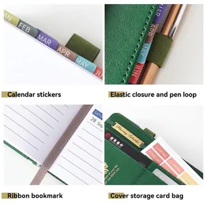 Green faux leather 18-month 2024-2025 planner with calendar stickers and pen loop
