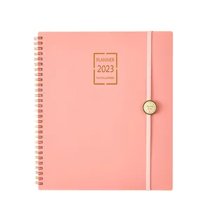 Elegant pink A4 2023 monthly & weekly planner with PU leather cover and gold spiral
