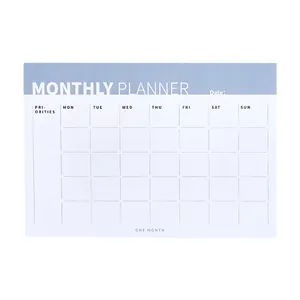Minimalist monthly planner notepad with blue header and priority section